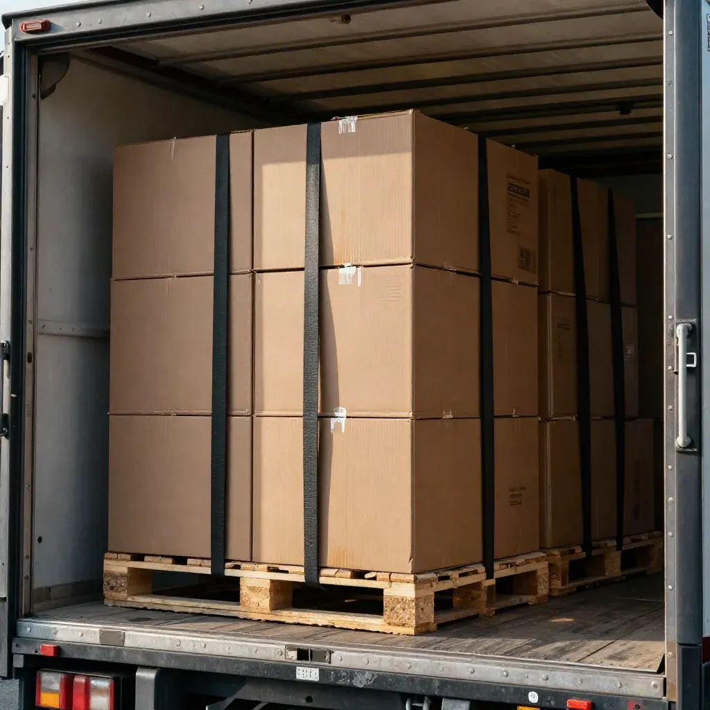 Volgeladen curtain-sider met dozen en spanbanden in een laadruimte