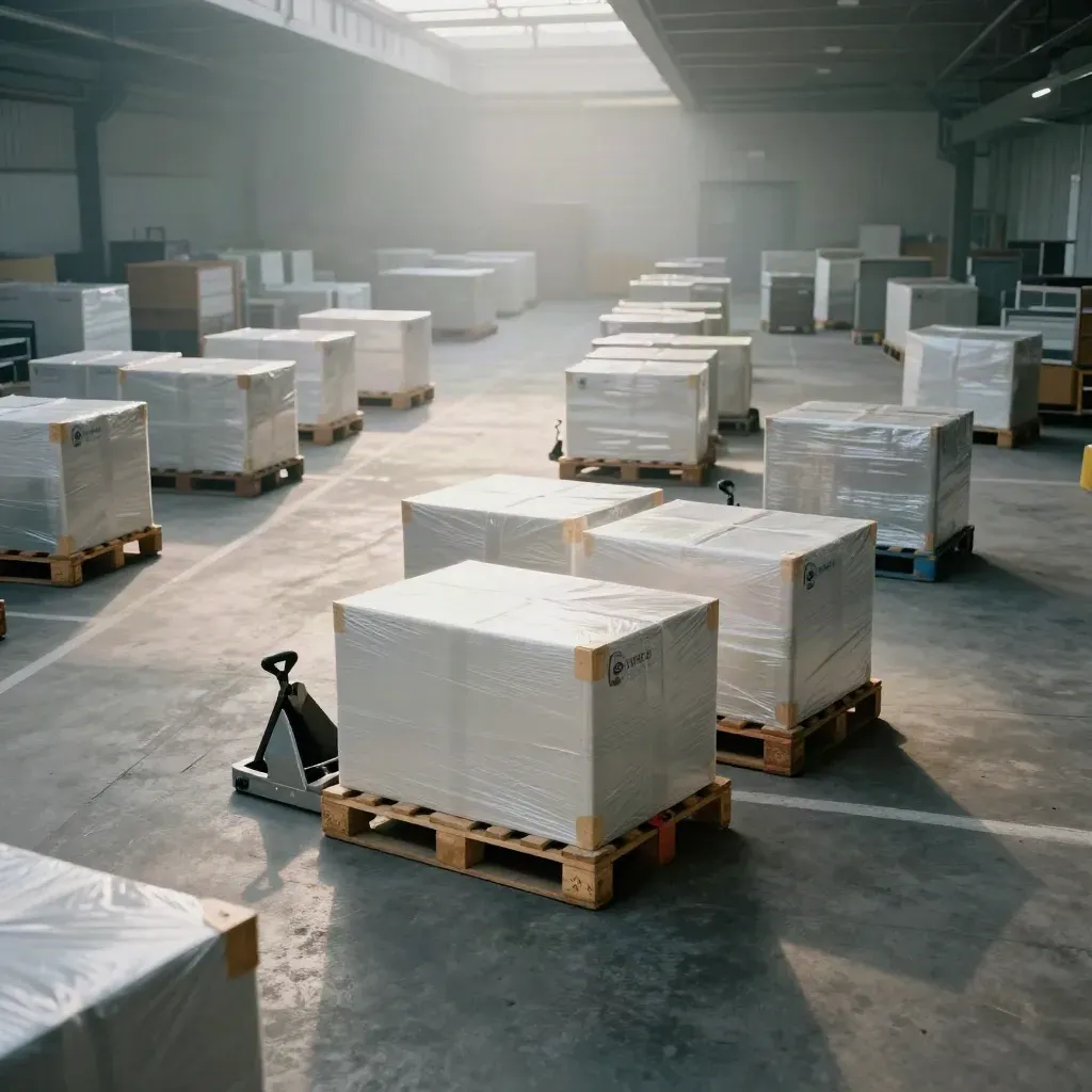 Gemengde pallets in nette banen op een distributievloer met witte folie en één rode spanband.