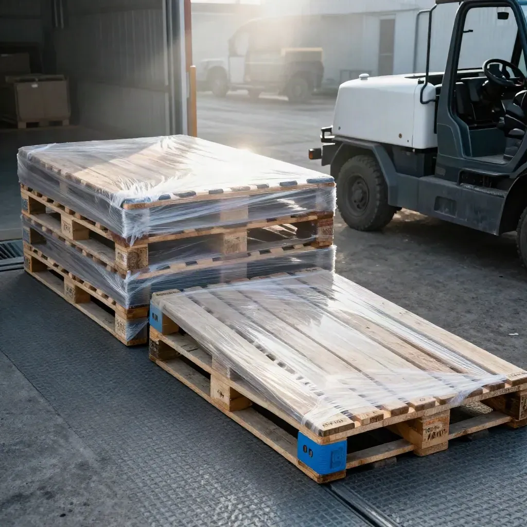 Twee palletstapels bij een dockleveller en truck in ochtendmist