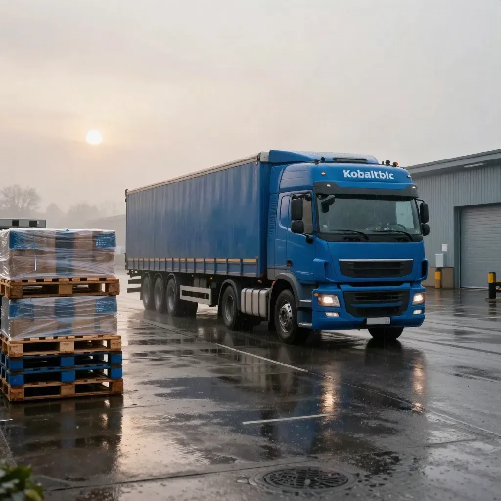 Vroege distributieplaats met vrachtwagen, pallets en dokdeuren in de regen