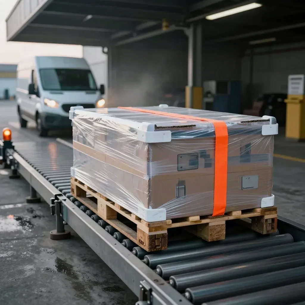 Pallet op rollenbaan bij dock met amber lampen en wachtende bestelbus voor spoedlevering.