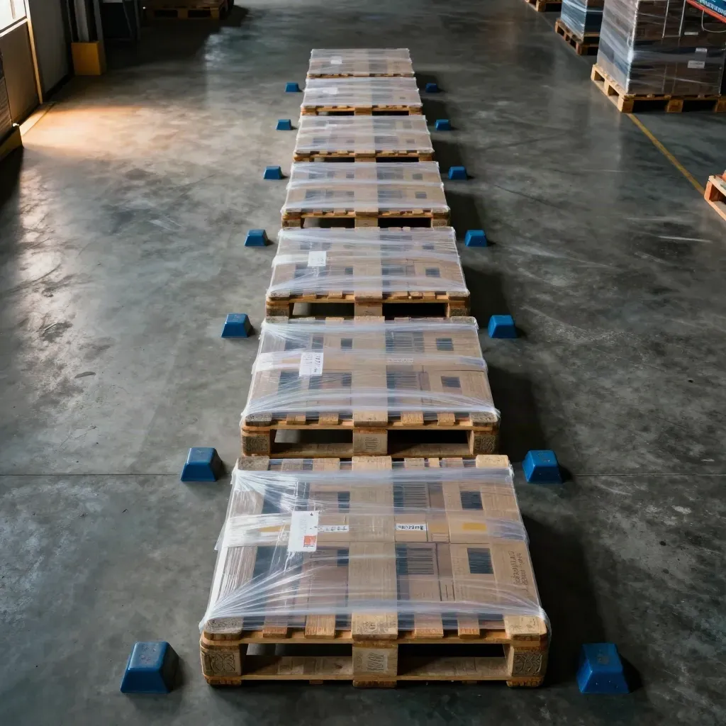 Bovenaanzicht van pallets en blauwe dockmarkers in een magazijn, als een strakke route.
