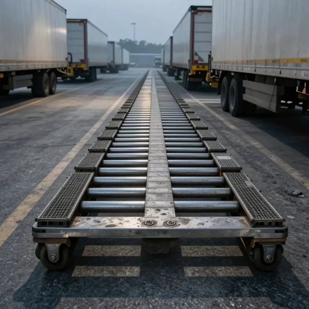 Cross-dock met trailers, palletbanen en distributiecages in blauw uur.