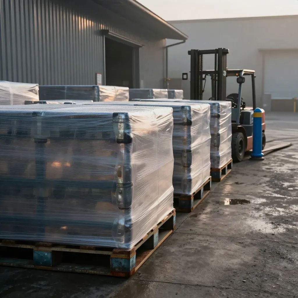 Stalen pallets naast een metaalwerkplaats in ochtendmist, klaar in een lege laadstrook.