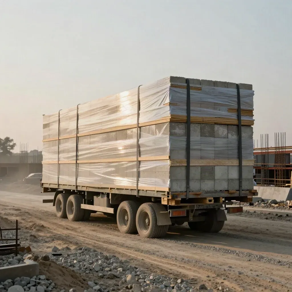 Volle vracht met hout, gipsplaten en betonblokken op een bouwplaats bij zonsopkomst