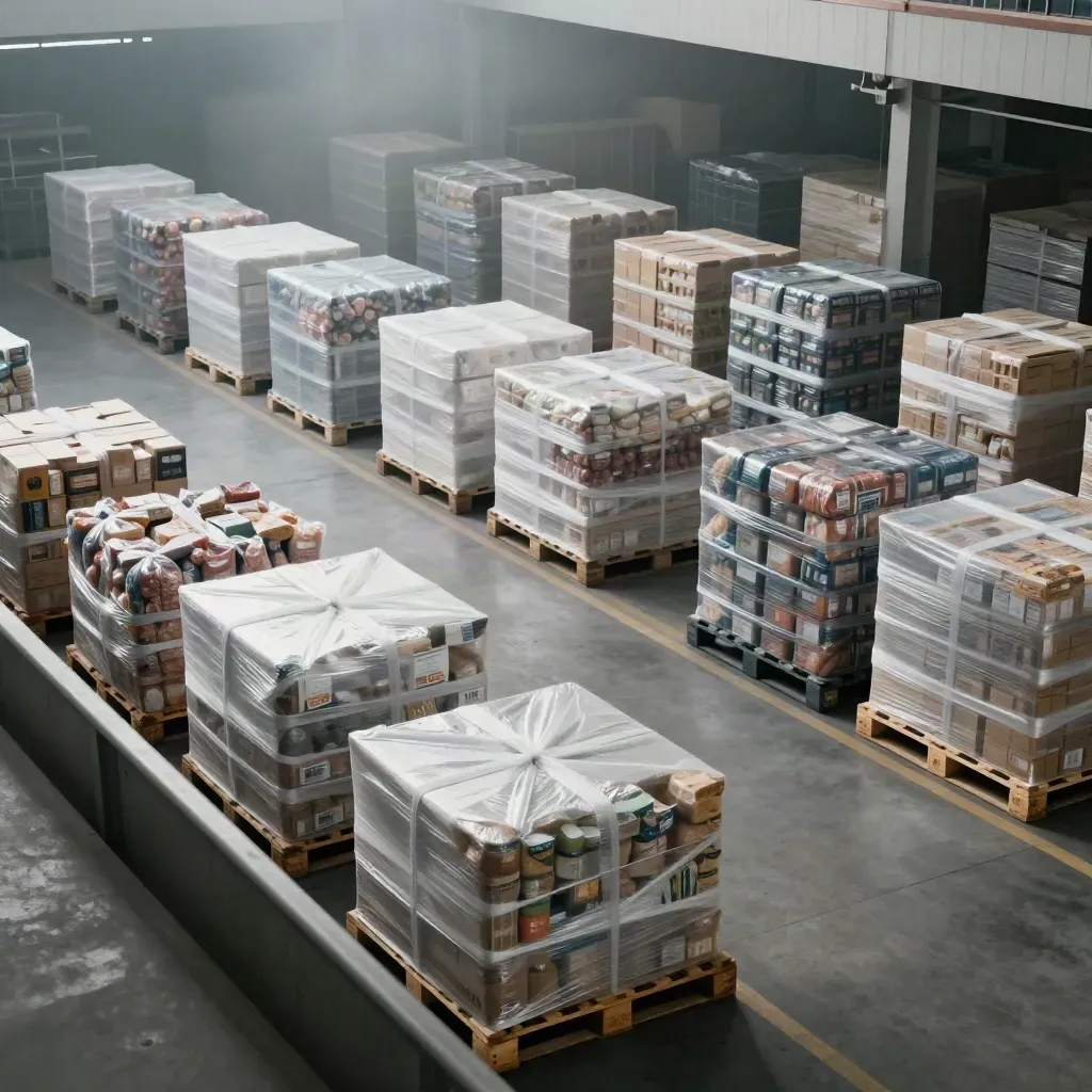Groothandelpallets in een rustige cross-dockhal met witte loopstroken en outbound cages.