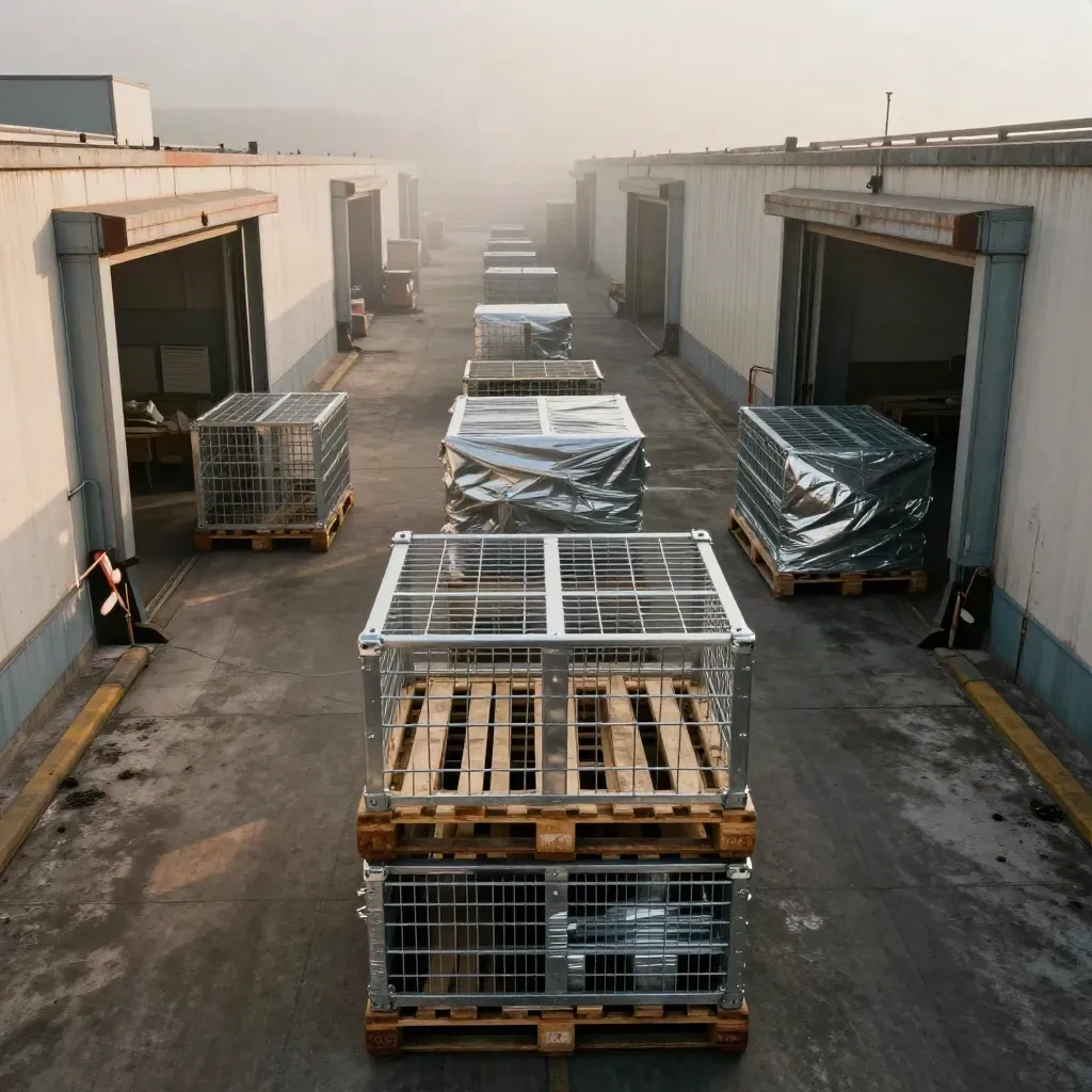 Drie laadperrons met pallets en rolcontainers in ochtendmist, klaar voor dagelijkse pickups.