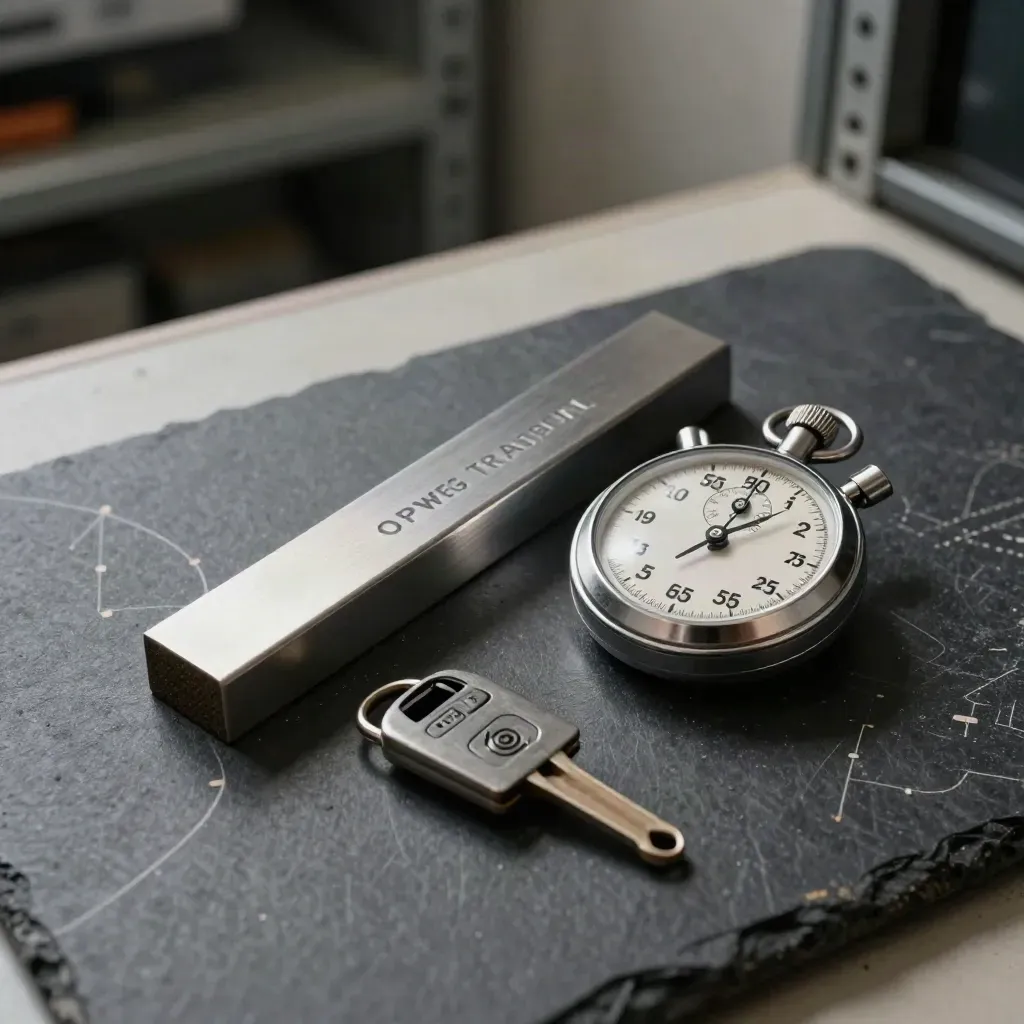Route-magneten, stopwatch en trucksleutel op een donker planningsvlak in stil transportlicht.