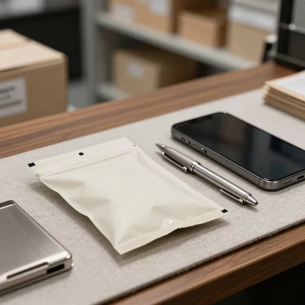 Verzegeld sampleszakje, telefoon, pen en kaarthouder op lichte mat in stil logistiek kantoor