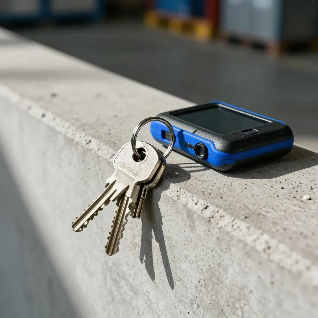 Sleutels, tablet en tracker op beton in een magazijnsetting, klaar voor shiftwissel.