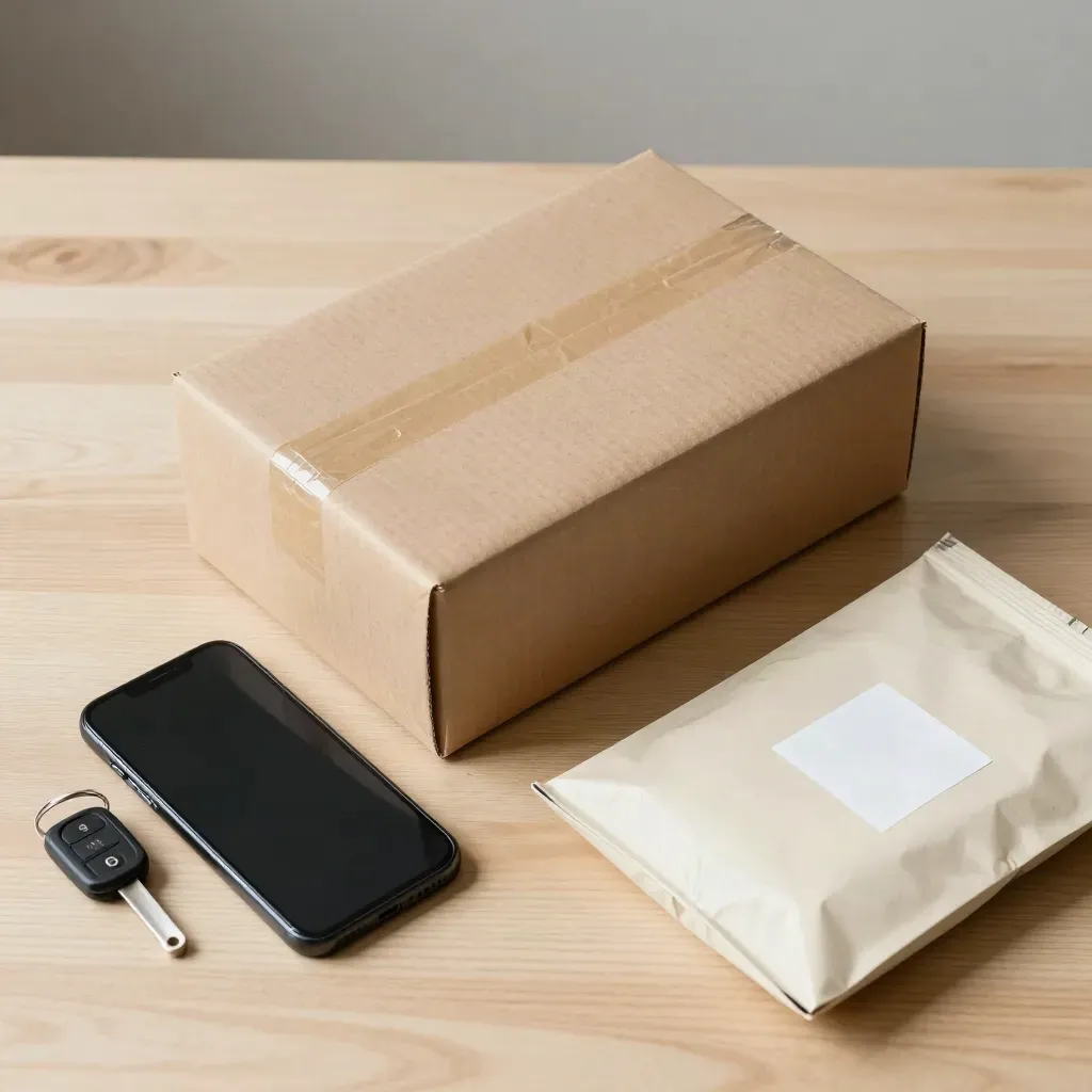 Bovenaanzicht van een verzegeld pakket, telefoon, trucksleutel en gesloten pouch op licht hout.