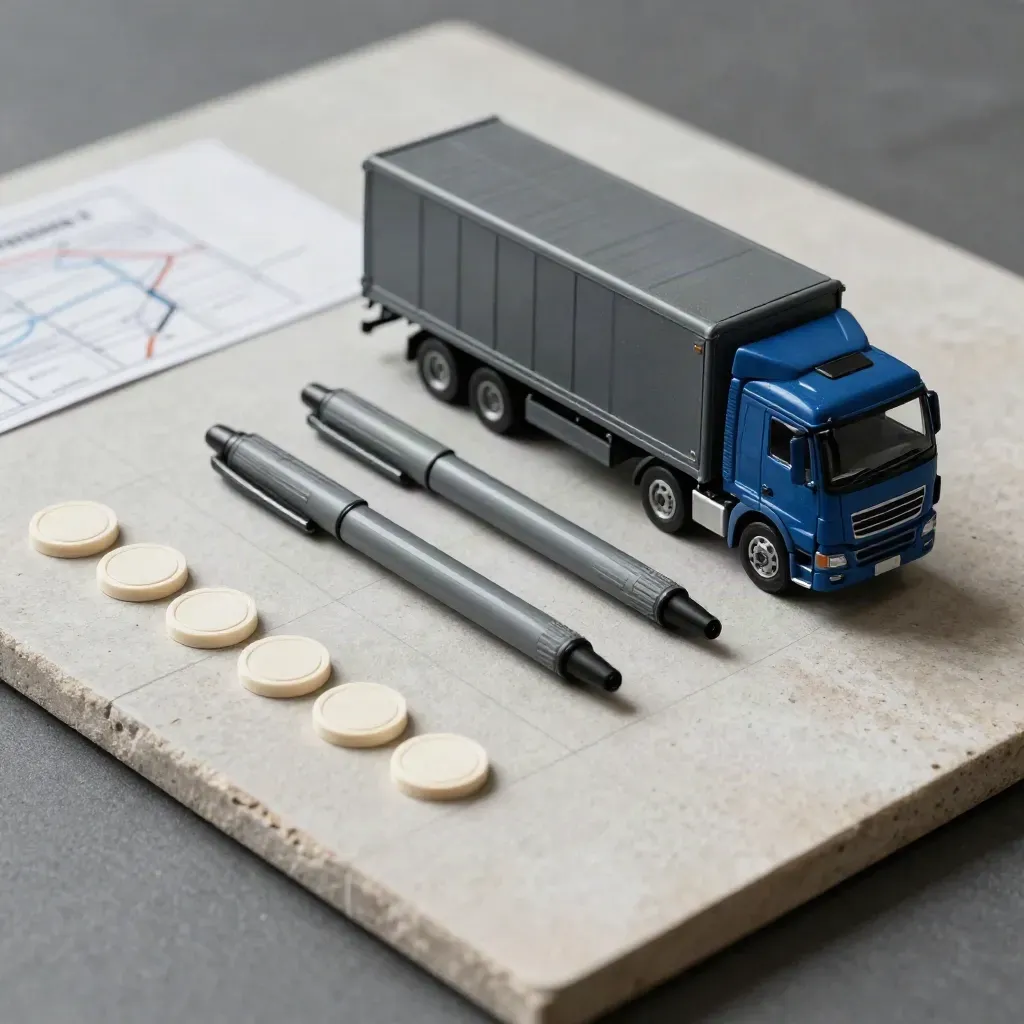 Miniatuurtruck, routepennen en cargotokens in een strakke planning-flatlay op steen.