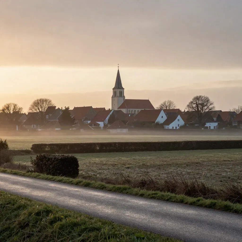 Brabants dorp in gouden avondlucht met kerktoren boven natte velden en hagen