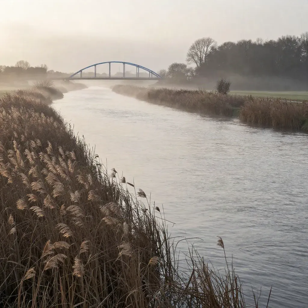 Mistige IJsselbocht met riet, uiterwaarden en verre brug vanaf een dijk