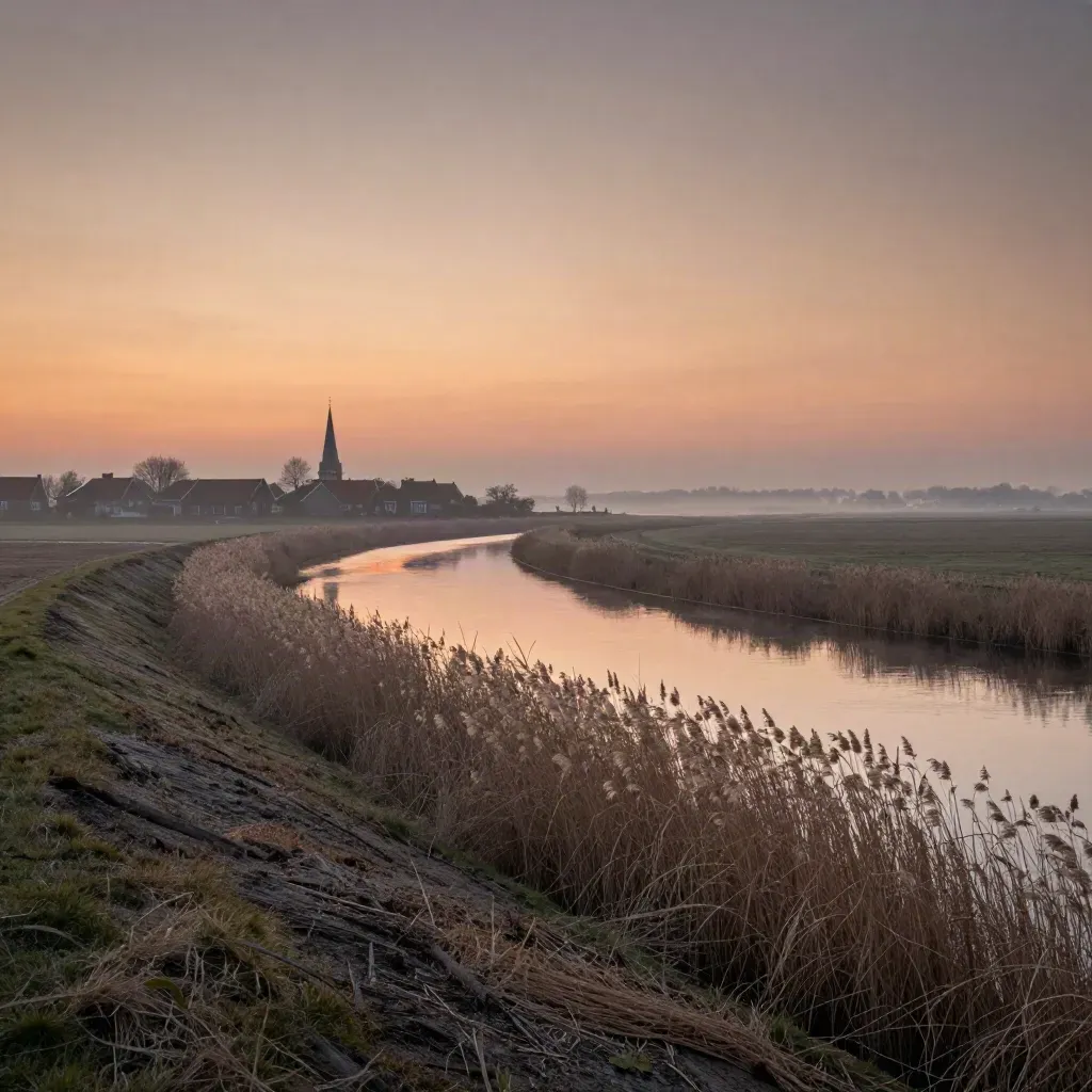 Friese poldervaart met boerderij en kerktoren in ochtendmist