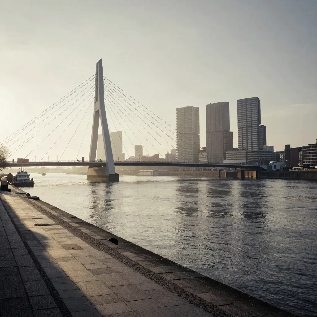 Erasmusbrug en de skyline van Rotterdam in dichte ochtendmist boven de Maas.